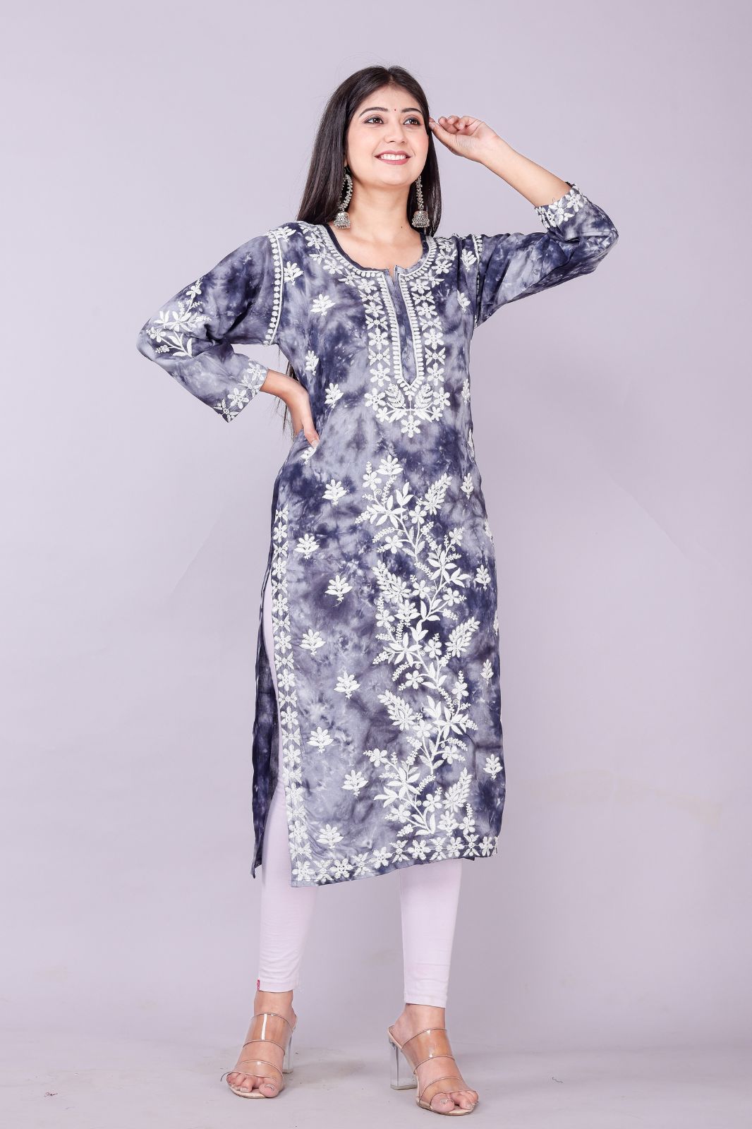 Women Embroidered Cotton Silk Straight Kurta (blue,l)