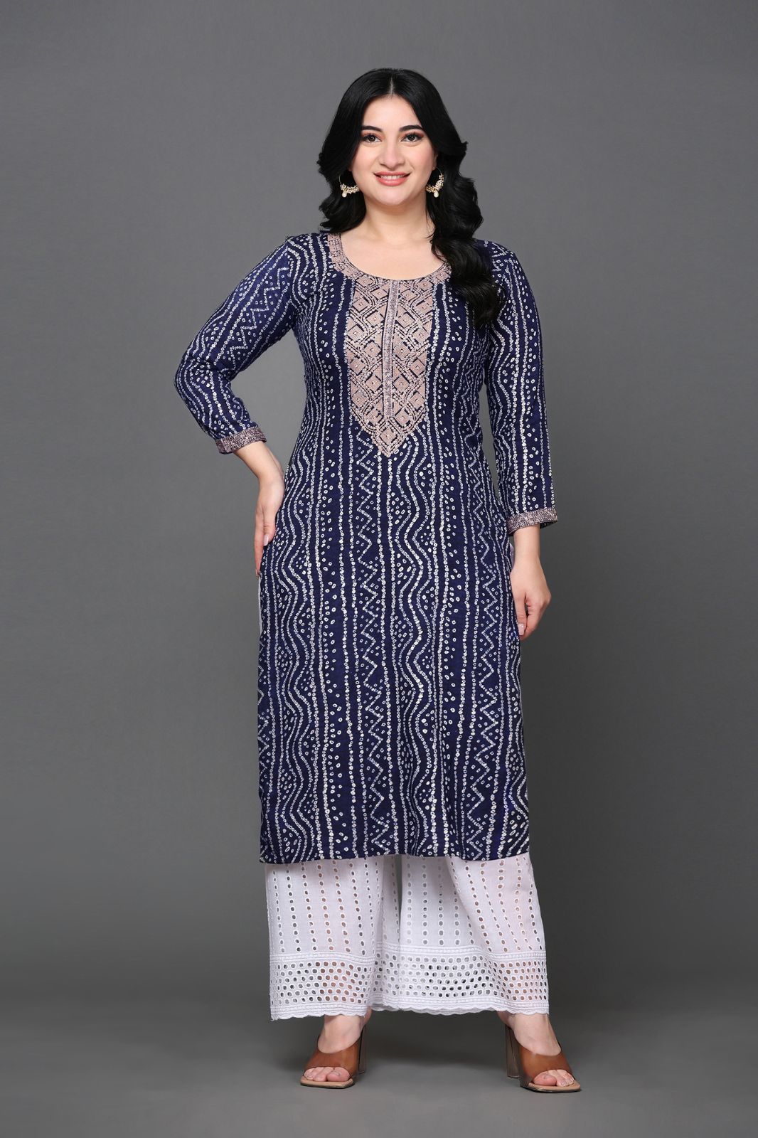 women's ethnic designer rayon bandhani printed with zari work straight fit a-line long kurta (Blue,M)