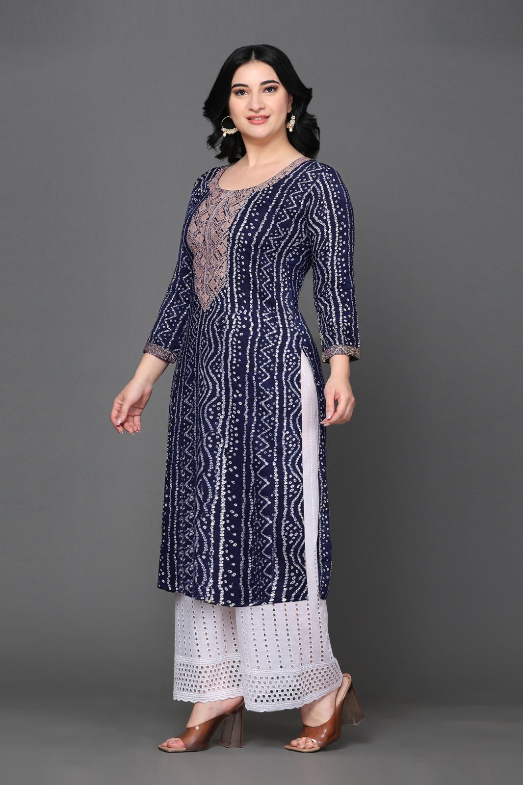 Women's Ethnic Designer Rayon Bandhani Printed With Zari Work Straight Fit A-line Long Kurta (Blue,M)