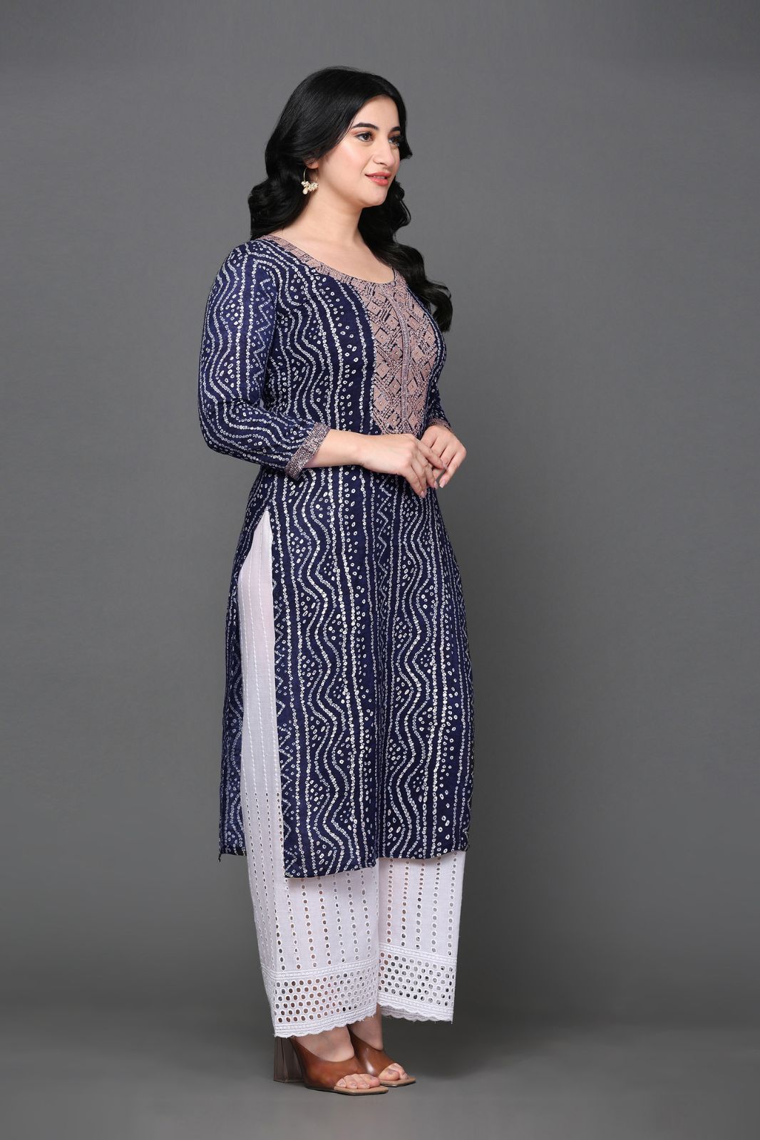 Women's Ethnic Designer Rayon Bandhani Printed With Zari Work Straight Fit A-line Long Kurta (Blue,M)