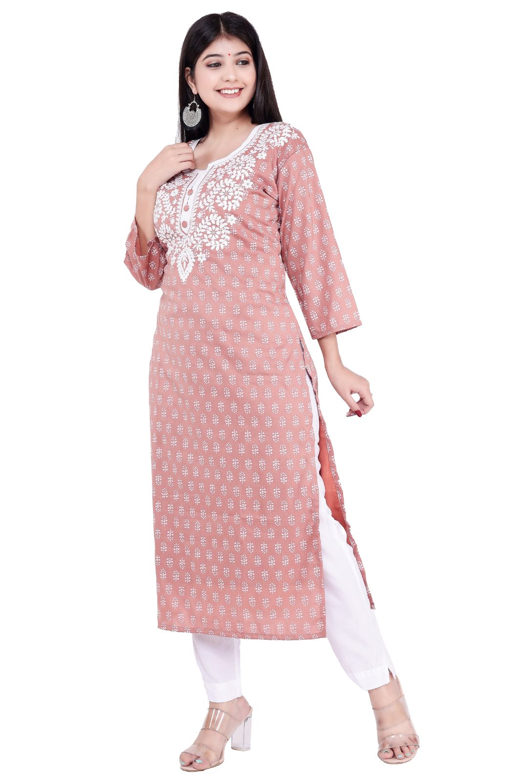 New Embroidery Work Round Neck Kurti For Women (peach,m)