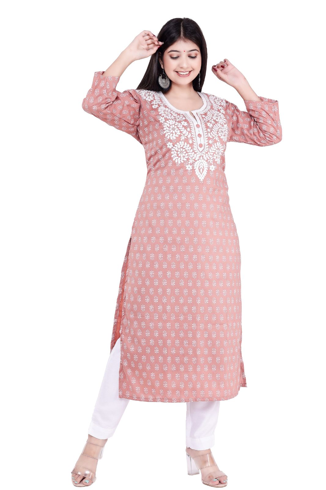 New Embroidery Work Round Neck Kurti For Women (peach,m)