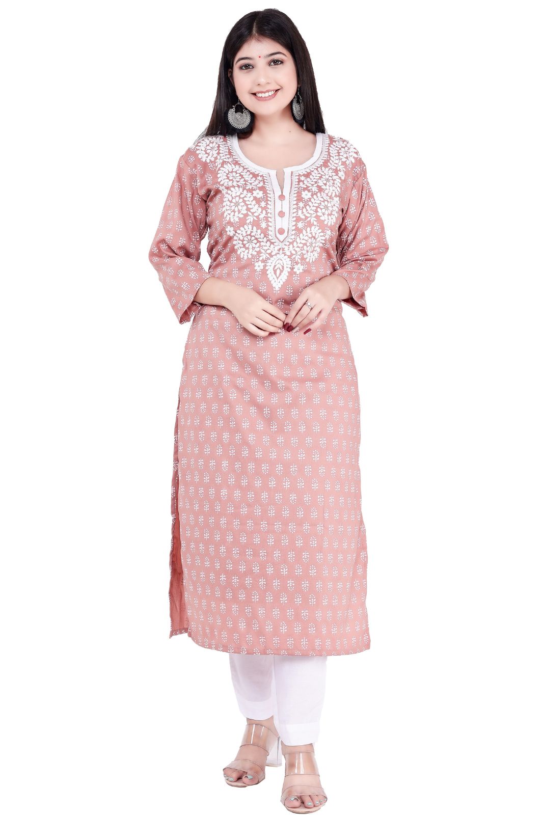 New Embroidery Work Round Neck Kurti For Women (peach,m)