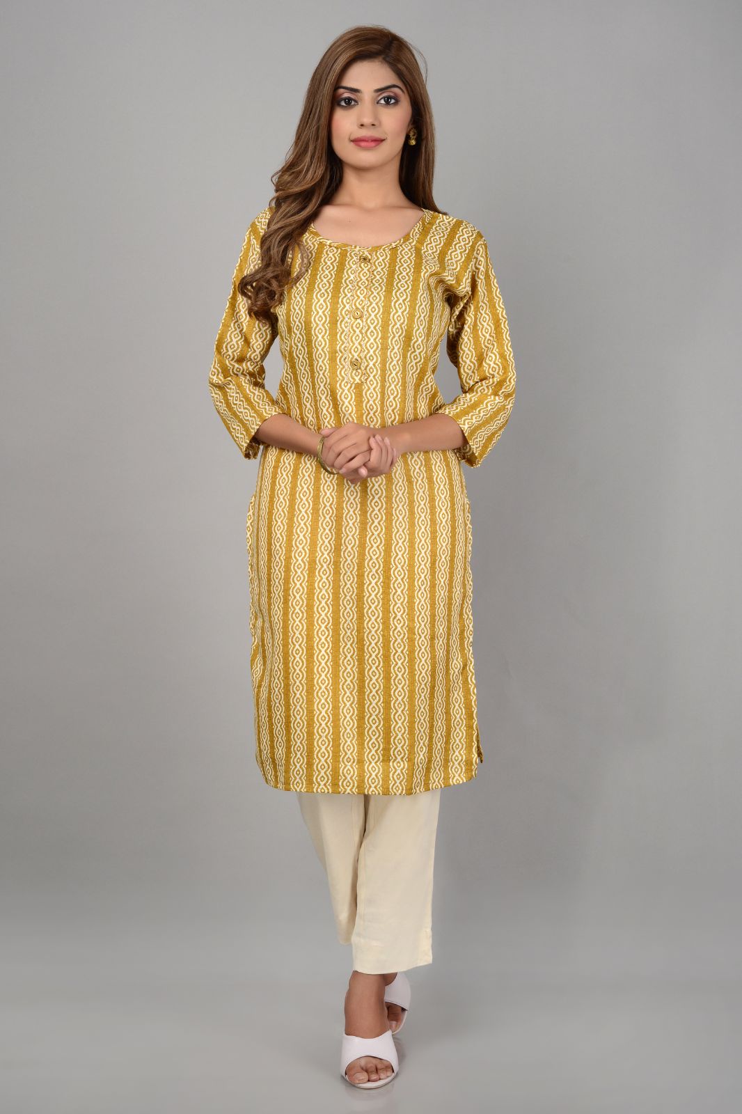 ethenic wear round neck casual straight kurta (Yellow,XL)