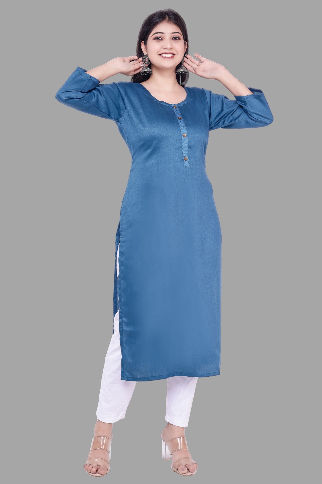 Women Self Design Jacquard Ethnic Kurta (blue,m)