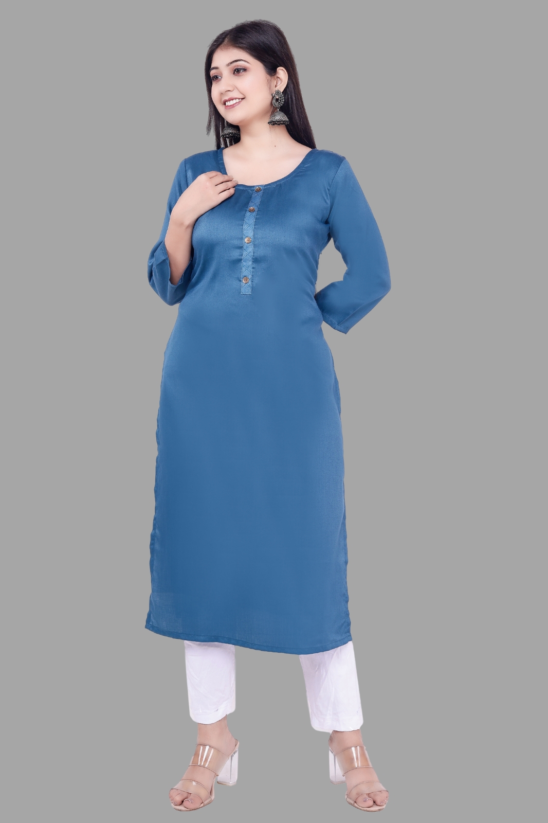 Women Self Design Jacquard Ethnic Kurta (blue,m)