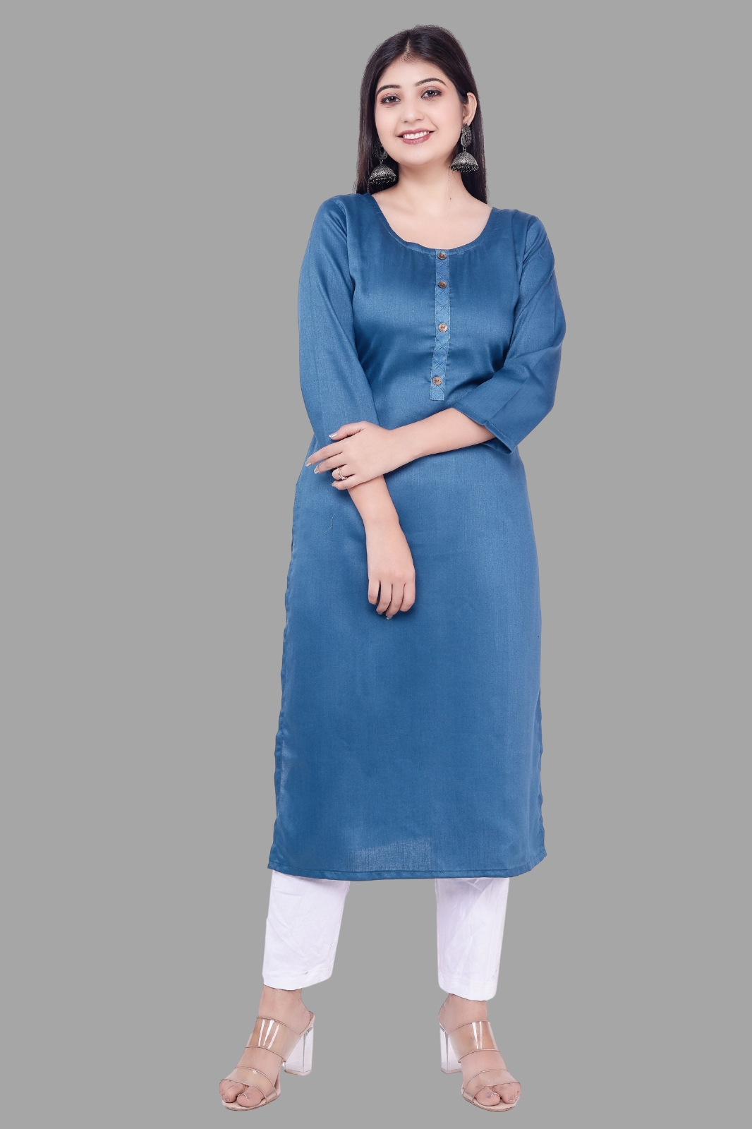 Women Self Design Jacquard Ethnic Kurta (blue,m)