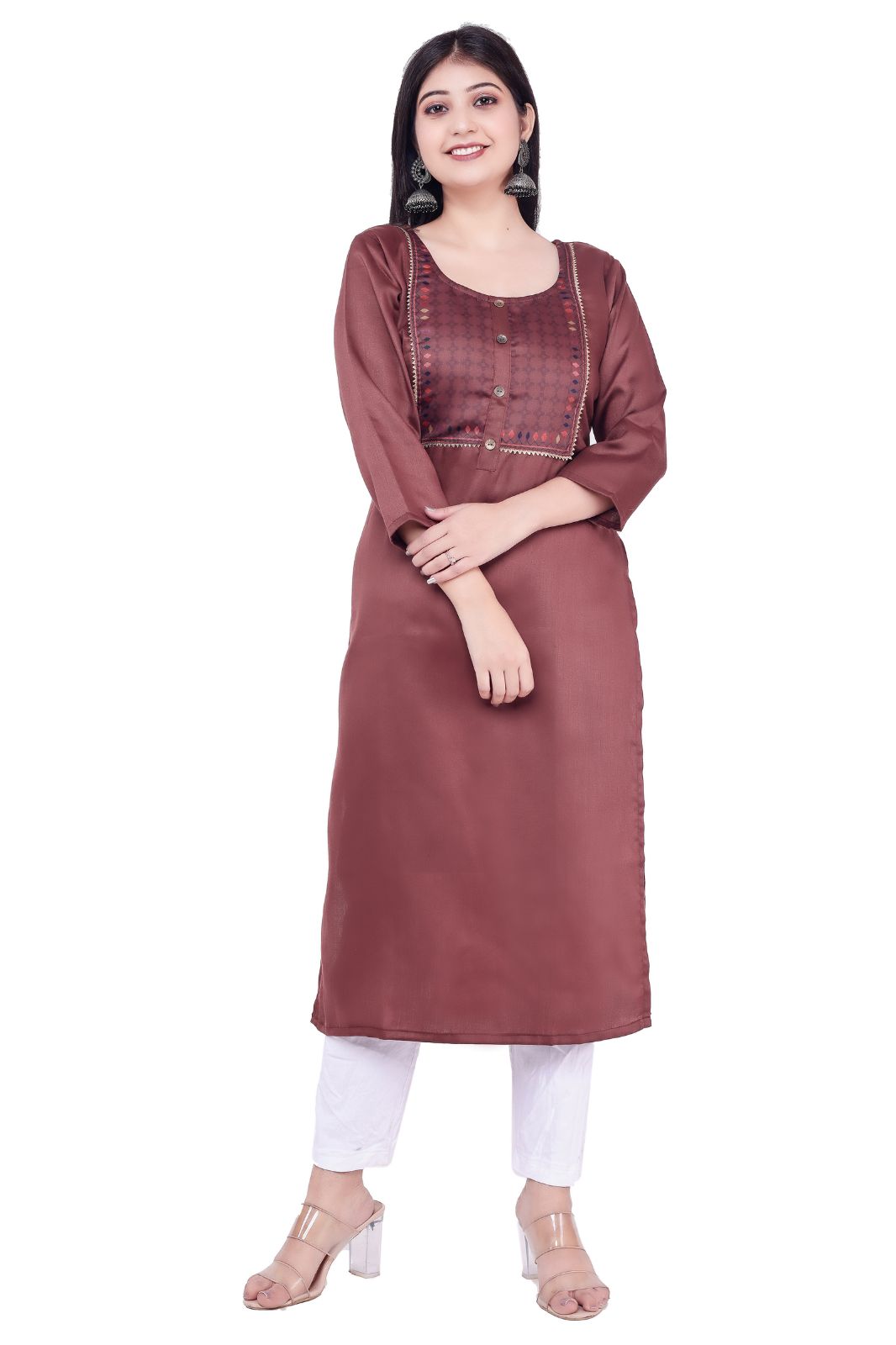 Women & Girls Checkered Jacquard Ethnic Kurta (brown,m)