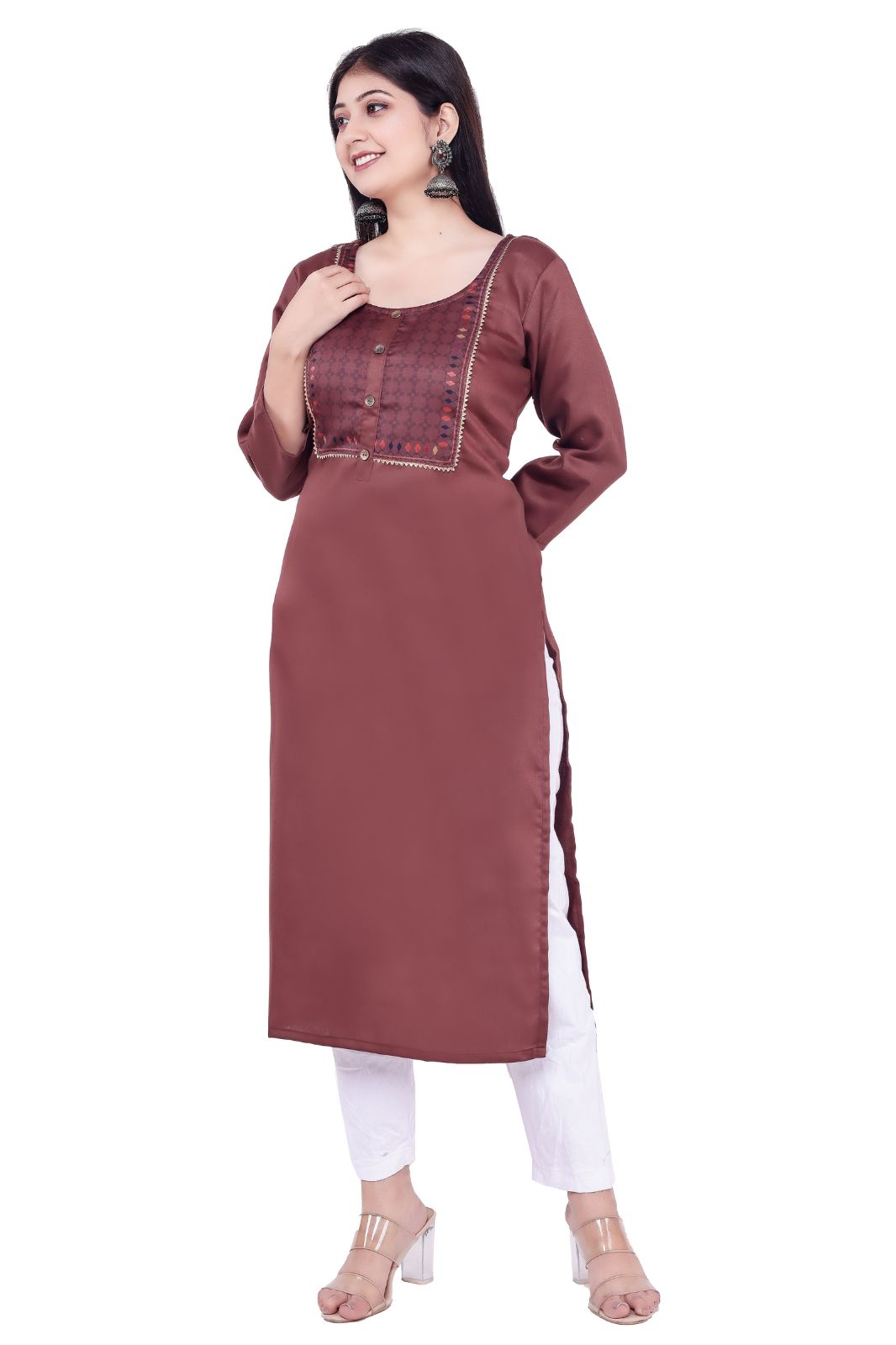 Women & Girls Checkered Jacquard Ethnic Kurta (brown,m)