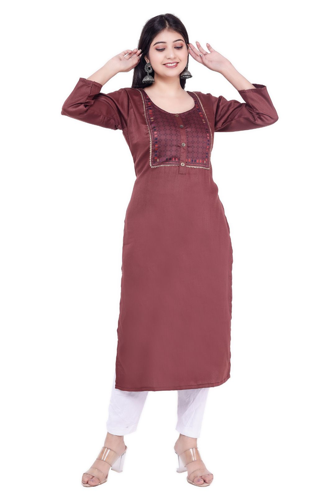 Women & Girls Checkered Jacquard Ethnic Kurta (brown,m)