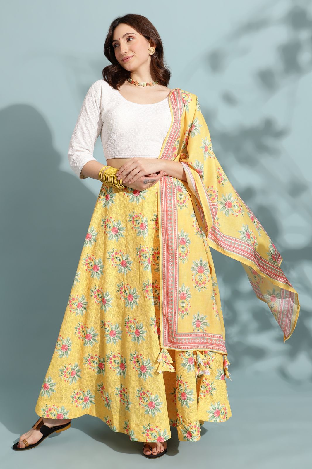 New Designer Lehenga Choli With Men’s Kurta (Yellow,WOMEN = FREE SIZE  / MEN'S = M)