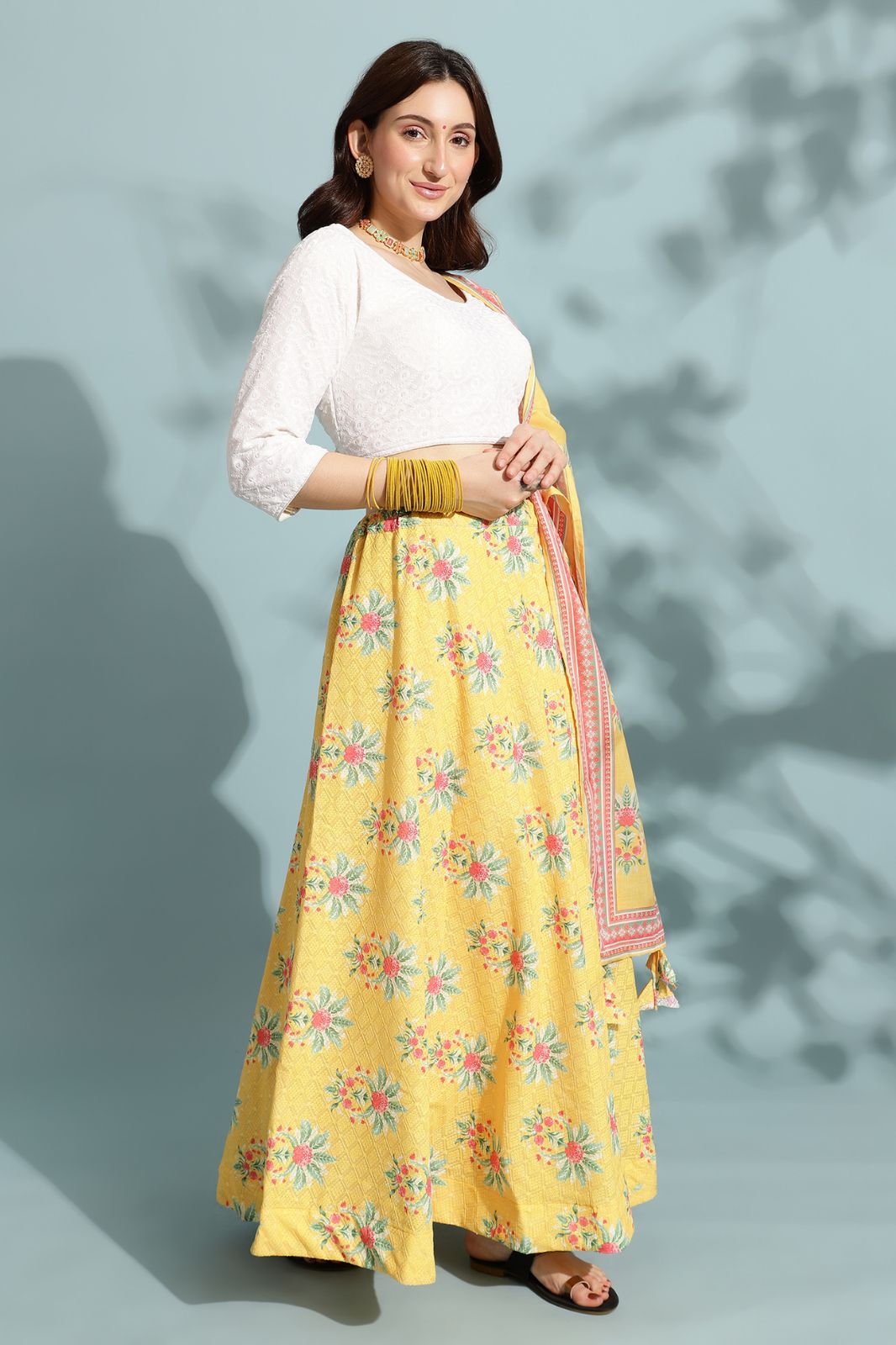 New Designer Lehenga Choli With Men’s Kurta (Yellow,WOMEN = FREE SIZE  / MEN'S = M)