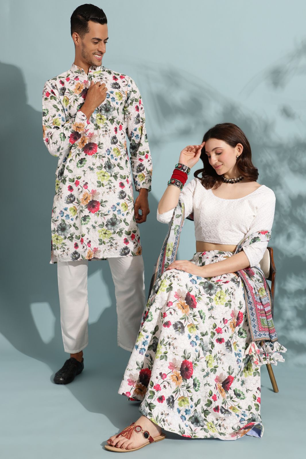 new designer lehenga choli with men’s kurta (White,WOMEN = FREE SIZE  / MEN'S = M)