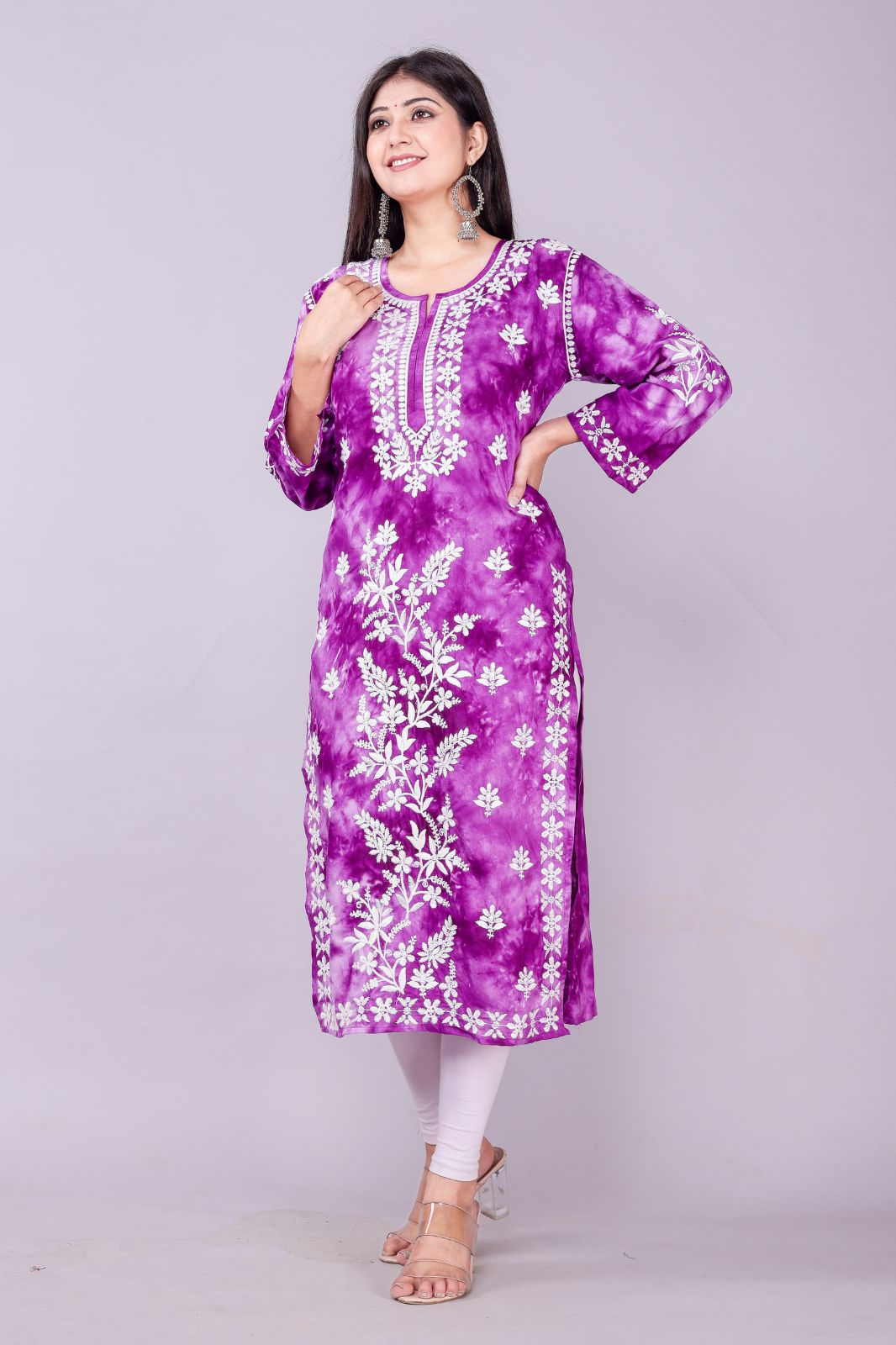 Women Embroidered Cotton Silk Straight Kurta (purple,m)