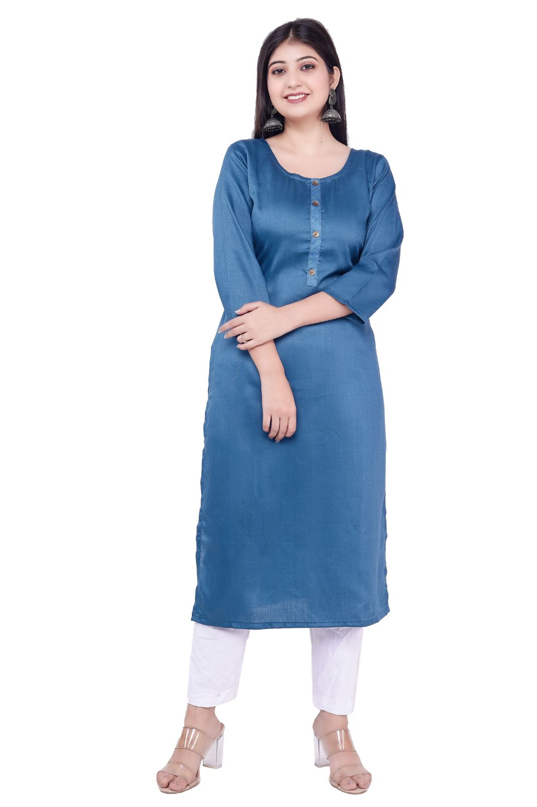 women self design jacquard ethnic kurta (blue,m)