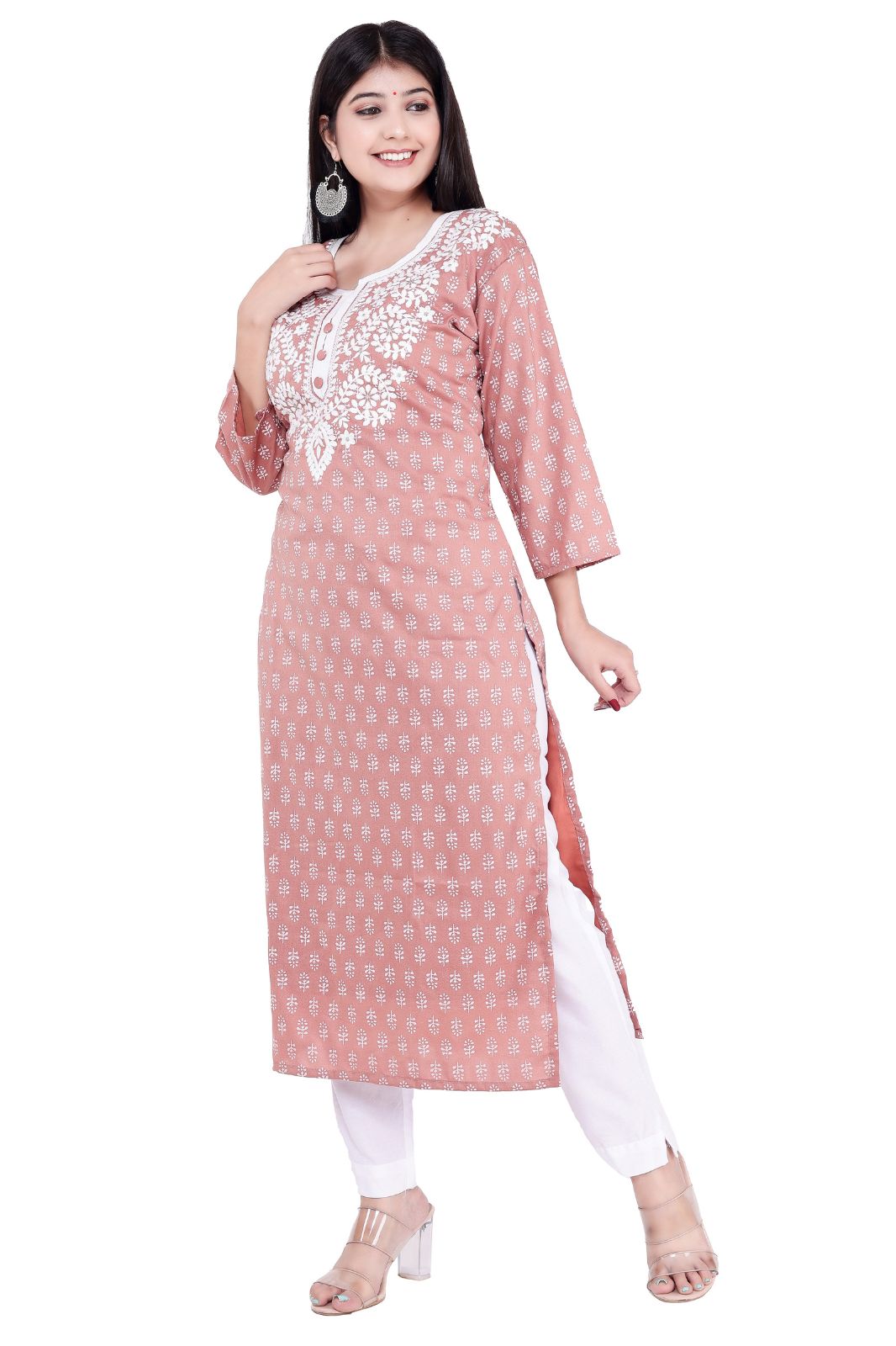 new embroidery work round neck kurti for women (peach,m)