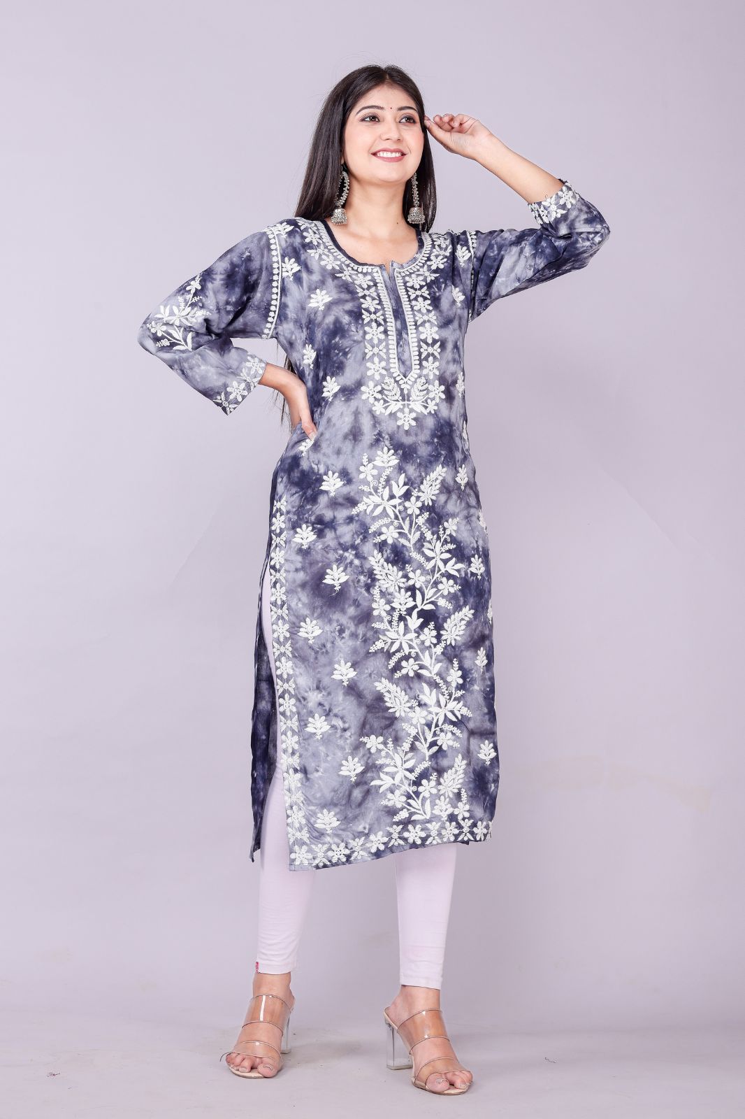 women embroidered cotton silk straight kurta (blue,l)